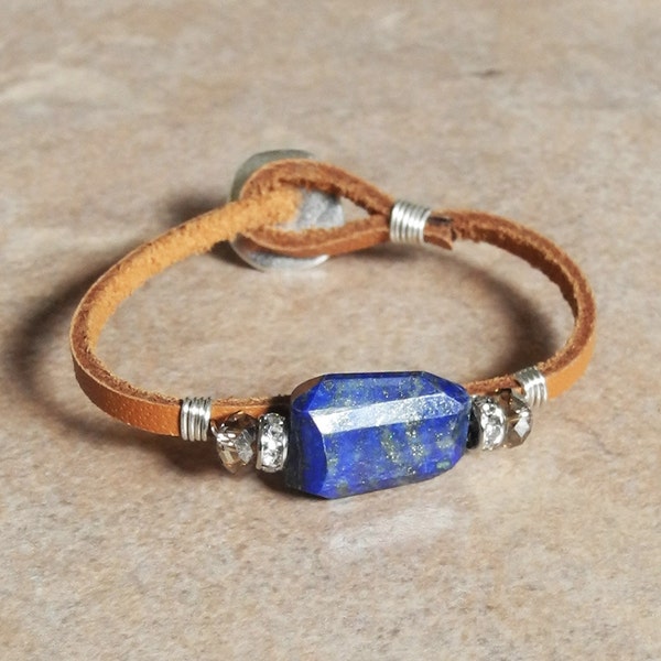 Sterling Wire Wrapped Leather Cord Bracelet with Lapis - Lapis and Rhinestones - Swarovski Crystals - Lapis Nugget - Roca Jewelry Designs