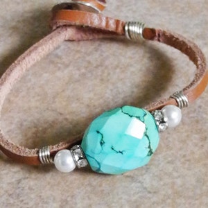 Sterling Wire Wrapped Leather Cord Bracelet with Faceted Turquoise Turquoise and Rhinestones Turquoise Nugget Roca Jewelry Designs image 3