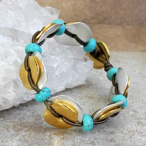 Double Stacked Silver and Gold Bracelet with Turquoise - Leather Cord Bracelets - Turquoise Bracelets - Gold & Silver - Roca Jewelry Designs