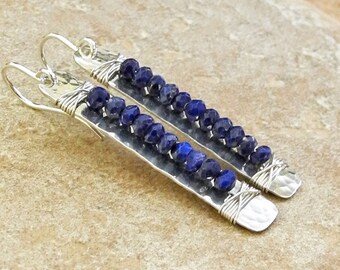 Hammered Sterling Silver Rectangle Earrings with Lapis - Blue Lapis Earrings - Faceted Lapis Beads - Long - Artisan - Roca Jewelry Designs