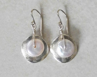 Silver Earrings with White Pearl - Small White Pearl Earrings - Coin Pearl Earrings - White Coin Pearls - Silver Disc - Roca Jewelry Designs