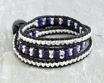 Triple Wrap Leather Bracelet with Lapis - Lapis Leather Wrap - Sterling Wrap Bracelet - Multi Wrap Lapis - Lapis Wrap - Roca Jewelry Designs