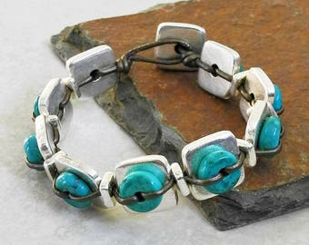 Silver and Turquoise Leather Bracelet - Unusual Leather Bracelet - Silver Greek Beads - Square Silver Beads - Roca Jewelry Designs