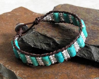 Single Wrap Leather Bracelet with Turquoise - Turquoise Leather Wrap - Sterling and Turquoise Wrap Bracelet - Roca Jewelry Designs