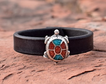 Leather Cuff Bracelet with Turtle - Turquoise & Coral - Vintage - Navajo Old Pawn - Turtle Bracelet - Sterling Silver - Roca Jewelry Designs