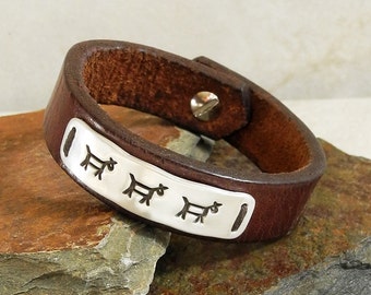 Sterling Silver and Leather Cuff Bracelet - Native American Symbol - Navajo Horse - Handmade Silver and Leather - Roca Jewelry Designs