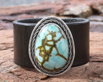 Leather Cuff with Sterling Silver and Polychrome Hubei Turquoise - High Profile Turquoise Cuff - Recycled Leather - Roca Jewelry Designs
