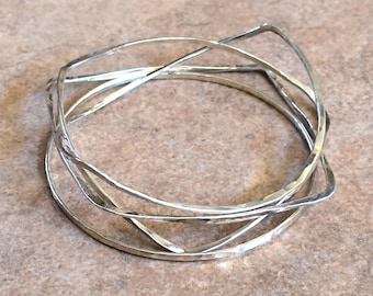 Sterling Silver Bangles - Set of Four - Geometric - Hand Hammered - Handmade - Circle - Square - Triangle - Ellipse - Roca Jewelry Designs