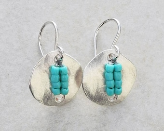 Silver Button Earrings with Turquoise Seed Beads - Turquoise Earrings - Organic Turquoise Earrings - Blue Earrings - Roca Jewelry Designs