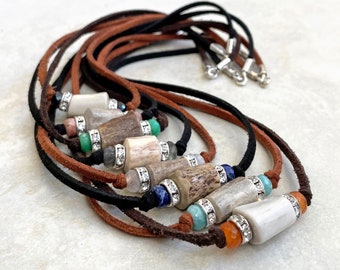 Leather Cord Necklace with Antler - Faceted Gemstones - Rhinestones - Suede Leather Cord Choker - Sterling Silver - Roca Jewelry Designs
