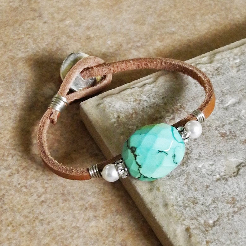 Sterling Wire Wrapped Leather Cord Bracelet with Faceted Turquoise Turquoise and Rhinestones Turquoise Nugget Roca Jewelry Designs image 2