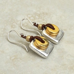 Silver Square Tiles and Gold Circles Earrings on Leather  - Silver and Gold Earrings - Silver and Leather Earrings - Roca Jewelry Designs