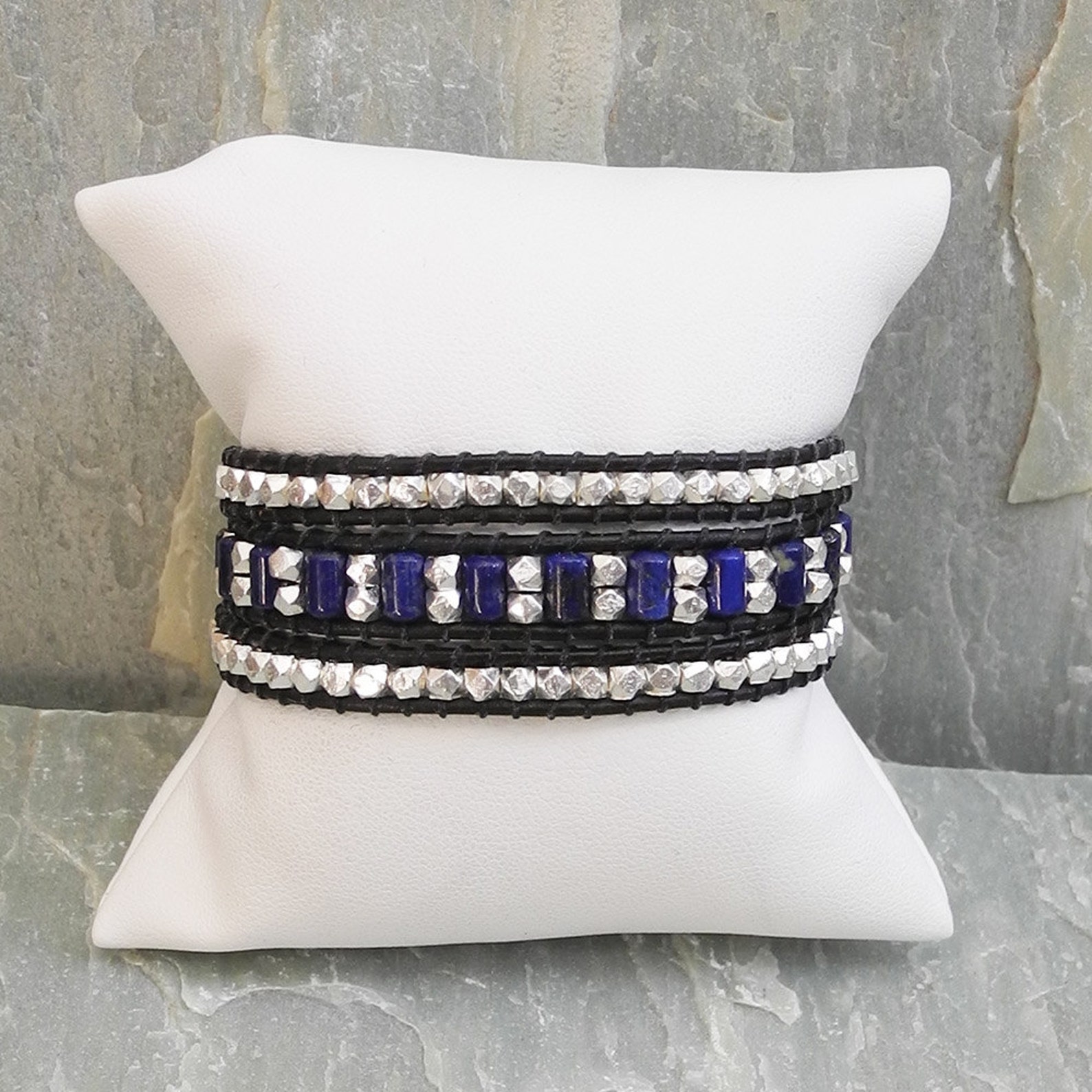 Triple Wrap Leather Bracelet With Lapis Lapis Leather Wrap Etsy