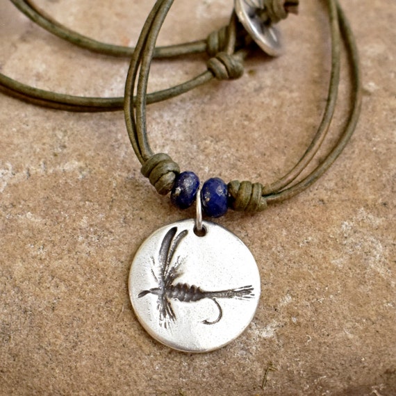 Sterling Silver Fishing Fly Pendant Leather Cord Necklace Faceted Lapis Fly Fishing  Pendant Fish Necklace Roca Jewelry Designs 