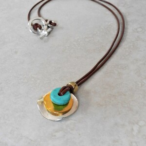 Stacked Silver and Gold Pendant with Turquoise on Leather - Leather Cord Necklace - Turquoise and Silver Pendant - Roca Jewelry Designs