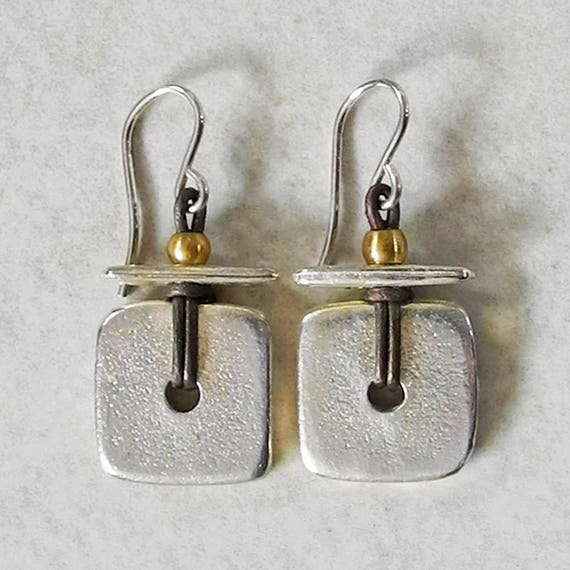 Silver Square Earrings on Leather - Artisan Leather Earrings - Silver Tile Earrings - Silver and Leather Earrings - Roca Jewelry Designs