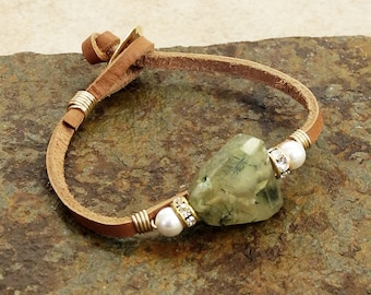 Gold Wire Wrapped Leather Cord Bracelet with Faceted Prehnite - Gold & Prehnite Bracelet - Prehnite Nugget and Pearls - Roca Jewelry Designs