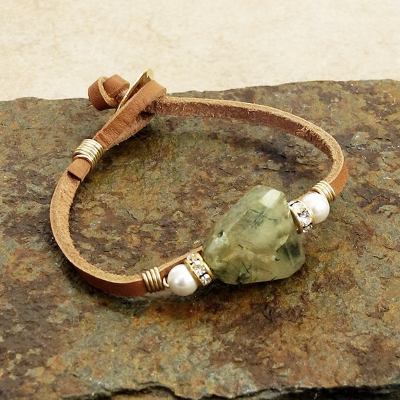 Gold Wire Wrapped Leather Cord Bracelet with Faceted Prehnite - Gold & Prehnite Bracelet - Prehnite Nugget and Pearls - Roca Jewelry Designs