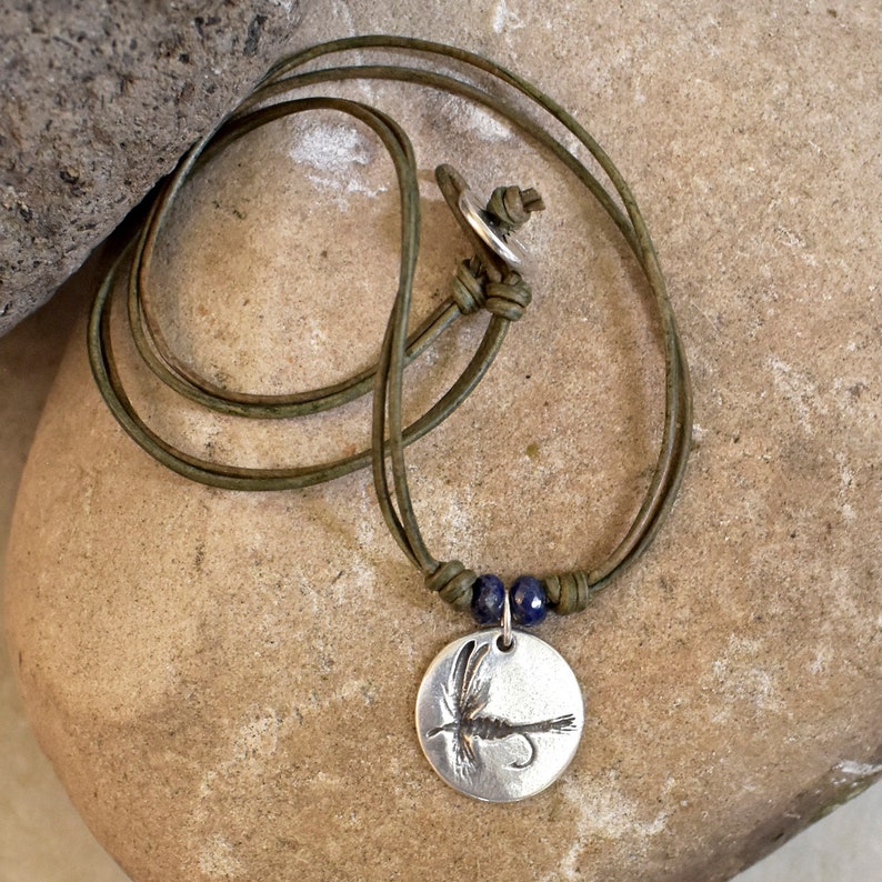 Sterling Silver Fishing Fly Pendant Leather Cord Necklace Etsy