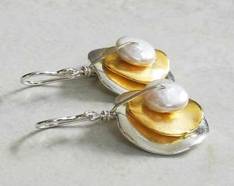 Gold and Silver Disc Earrings with White Pearl - Coin Pearl Earrings - Mixed Metal Earrings - White Pearl Earrings - Roca Jewelry Designs