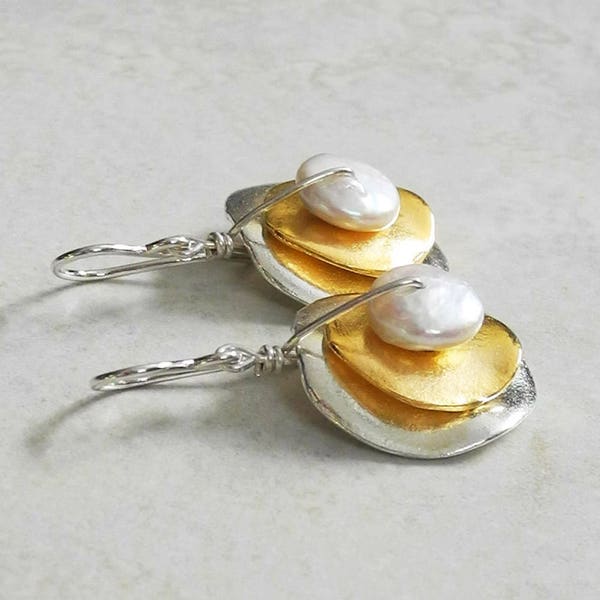 Gold and Silver Disc Earrings with White Pearl - Coin Pearl Earrings - Mixed Metal Earrings - White Pearl Earrings - Roca Jewelry Designs