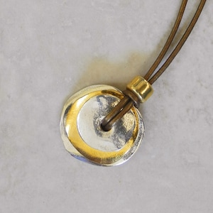 Triple Stacked Silver and Gold Pendant on Leather - Unusual Leather Necklace - Greek Disc Beads - Mixed Metal Pendant - Roca Jewelry Designs
