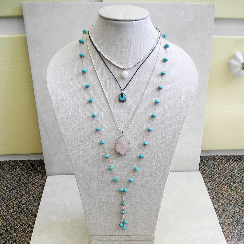 Long Turquoise Necklace Linen Necklace Faceted Turquoise Etsy
