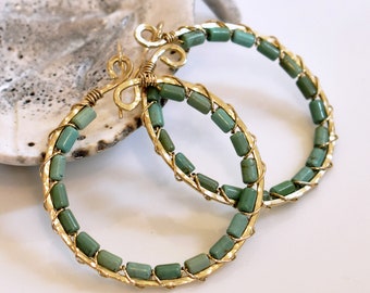Hammered Gold Hoop Earrings with Turquoise - Large Gold Hoops - Green Turquoise - Gold and Turquoise Earrings - Roca Jewelry Designs