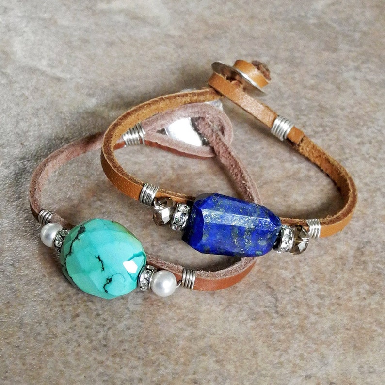 Sterling Wire Wrapped Leather Cord Bracelet with Faceted Turquoise Turquoise and Rhinestones Turquoise Nugget Roca Jewelry Designs image 5