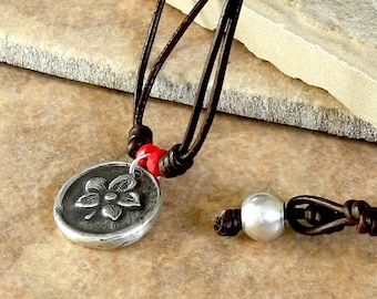 Leather Cord Necklace with Sterling Silver Violet Pendant and Faceted Coral - Wax Seal Stamp Jewelry - Floral Pendant - Roca Jewelry Designs
