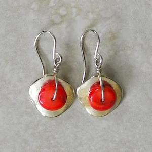 Silver and Coral Earrings - Red Coral Earrings - Handmade Earrings - Unusual Earrings - Coral Beads - Silver Discs - Roca Jewelry Designs