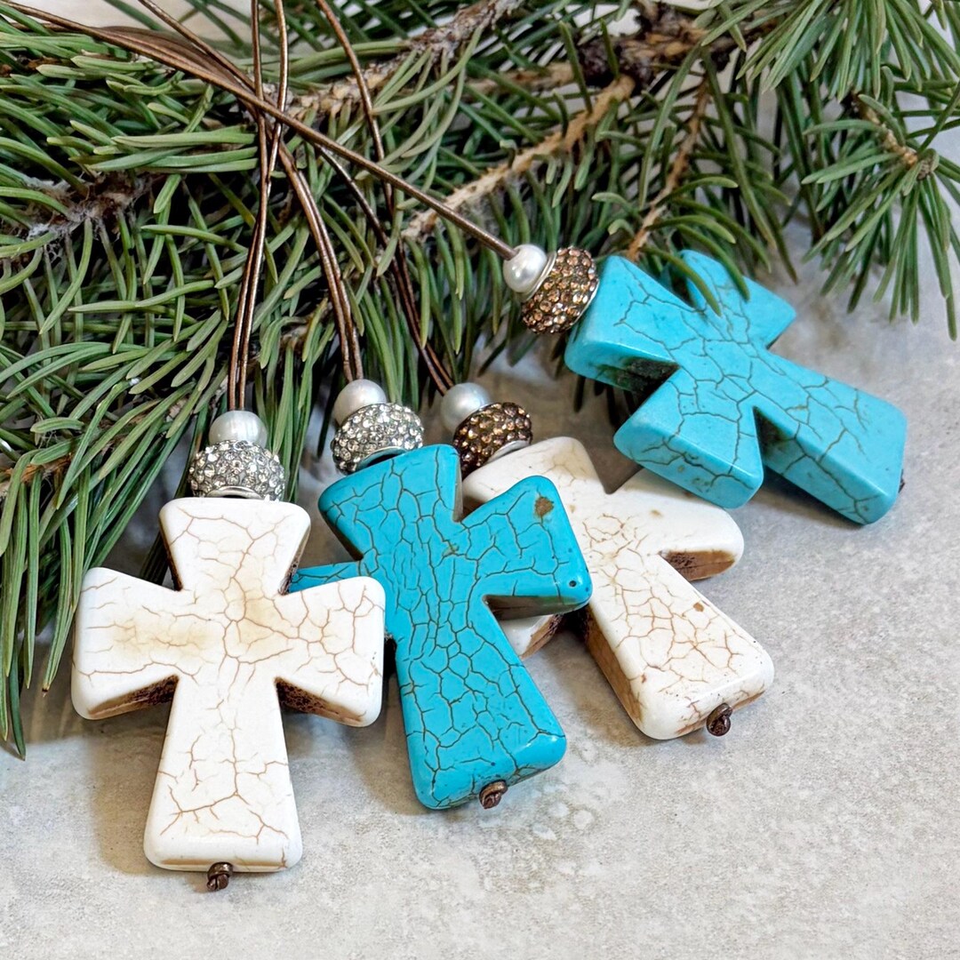 Howlite Cross Christmas Ornament - Religious Turquoise or Cream ...