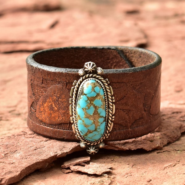 Leather and Turquoise Cuff - Old Pawn - Vintage Western Belt - Navajo Dead Pawn - Sterling Silver - Repurposed - Roca Jewelry Designs