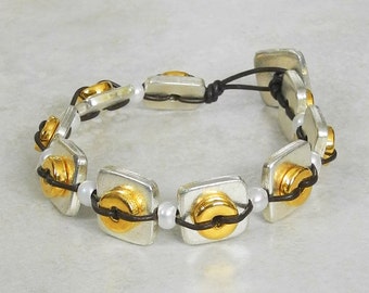 Gold and Silver Bracelet with Pearls on Leather - Leather Cord Bracelet - Pearl and Leather Bracelet - Roca Jewelry Designs