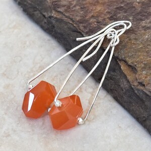 Hammered Sterling Silver Earrings with Orange Chalcedony - Chalcedony Earrings - Orange Earrings - Orange Gemstone - Roca Jewelry Designs