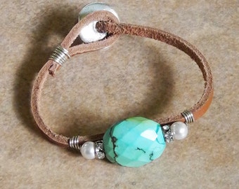 Sterling Wire Wrapped Leather Cord Bracelet with Faceted Turquoise - Turquoise and Rhinestones - Turquoise Nugget - Roca Jewelry Designs