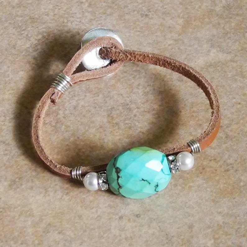 Sterling Wire Wrapped Leather Cord Bracelet with Faceted Turquoise Turquoise and Rhinestones Turquoise Nugget Roca Jewelry Designs image 1