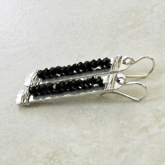 Hammered Sterling Silver Rectangle Earrings with Black Spinel - Sterling Spinel Earrings - Unusual Spinel Earrings - Roca Jewelry Designs