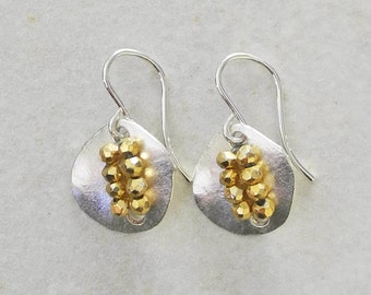 Silver Button Earrings with Faceted Golden Pyrite - Silver Earrings - Silver and Gold Earrings - Pyrite Earrings - Roca Jewelry Designs