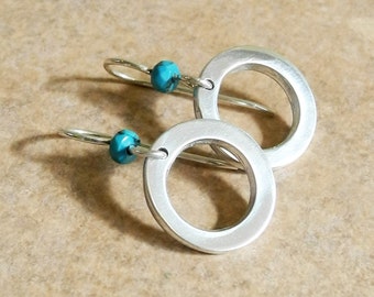 Sterling Silver Hoop Earrings with Turquoise - Thick Hoop Earrings - Small Silver Hoops - Faceted Turquoise Earrings - Roca Jewelry Designs