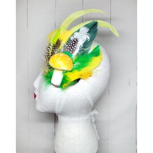 Yellow Toadstool- hair fascinator- barrette/ hair clip/ hair accessory/ flower/feather