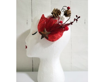 Rustic Red- hair fascinator/ barrette/ hair clip/ hair accessory/ flower/ feather