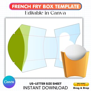 Puede incluir: Una plantilla para una caja de patatas fritas, con un diagrama y una representación 3D de una caja llena. El texto "FRENCH FRY BOX TEMPLATE" y "Editable in Canva" se muestran en la parte superior. El texto inferior dice "US-LETTER SIZE SHEET" y "INSTANT DOWNLOAD".