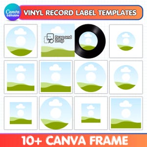 Puede incluir: Una colección de plantillas de etiquetas para discos de vinilo con un diseño de paisaje con cielo azul, nubes blancas y colinas verdes. El gráfico incluye el texto "VINYL RECORD LABEL TEMPLATES", "Canva Editable", "Drag and Drop" y "10+ CANVA FRAME".