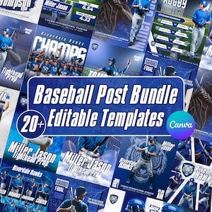 May include: A baseball post bundle with over 20 editable templates. The design features baseball players, team logos, and game information. The color scheme is primarily blue and white, with some templates showcasing player stats.