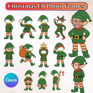 May include: A collection of Christmas Elf Photo Frames. Each elf is dressed in a green tunic, red and white striped pants, and a green hat. The elves are in various poses, some holding objects like a star or a candy cane. The text "Christmas Elf Photo Frames" is at the top.