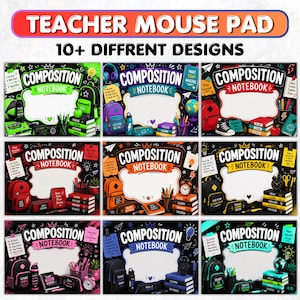 May include: A collection of mouse pads featuring a composition notebook theme with 10+ different designs. Each rectangular pad displays school supplies like backpacks, books, and stationery on a chalkboard background with the text COMPOSITION NOTEBOOK.