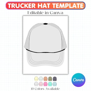 Puede incluir: Un diseño de plantilla de gorra de camionero con un panel frontal blanco y una parte trasera de malla. El texto "TRUCKER HAT TEMPLATE" está en la parte superior y "Editable in Canva" debajo. Se muestra una paleta de 10 colores en la parte inferior.