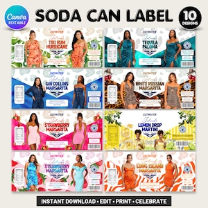 May include: A digital collection of ten soda can label designs featuring various cocktail names like Tiki Rum Hurricane, Tequila Paloma, Gin Collins Margarita, White Russian Margarita, Strawberry Margarita, Lemon Drop Martini, and Long Island Margarita.