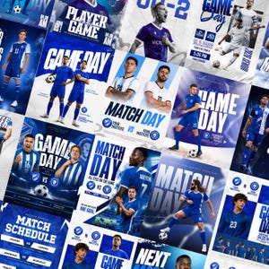 May include: A collection of soccer match day promotional flyers featuring various athletes in blue and white uniforms, bold typography, game schedules, and team logos, all presented in a dynamic, high-energy sports graphic design layout.